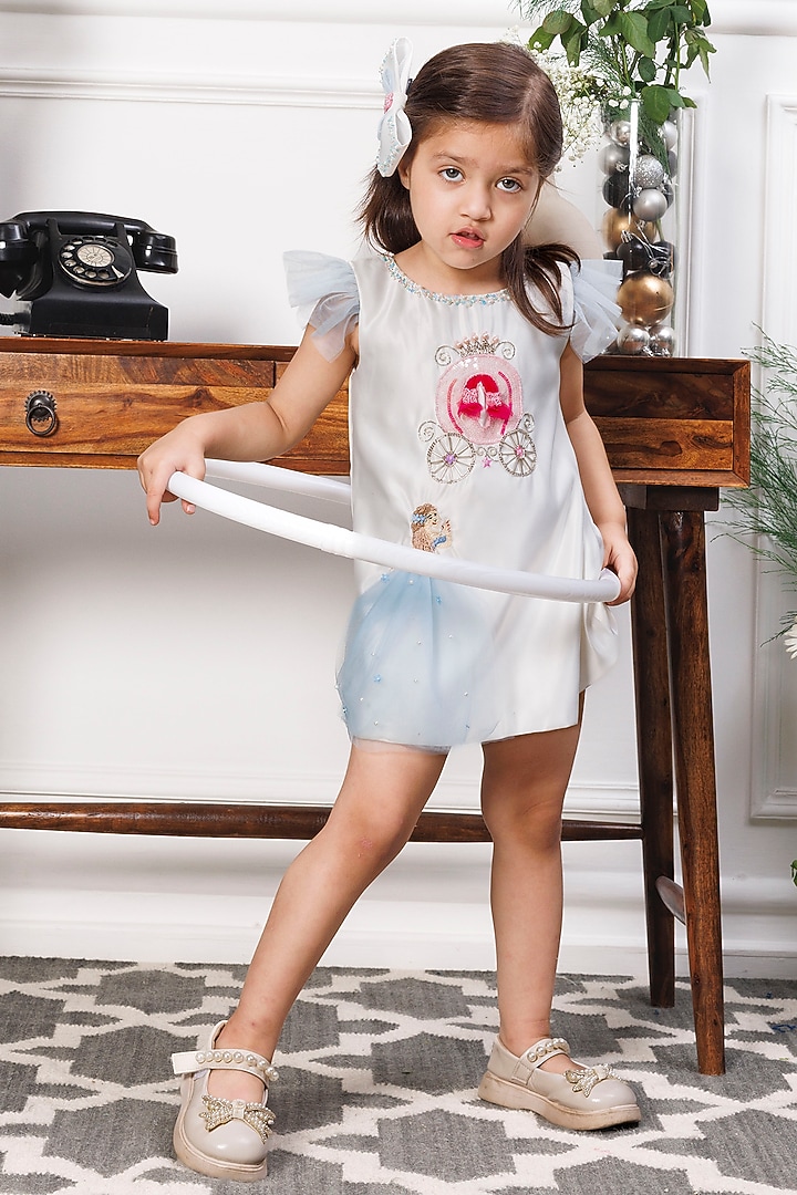 White Cotton & Mesh Embroidered A-Line Dress For Girls by The Lush Affair at Pernia's Pop Up Shop