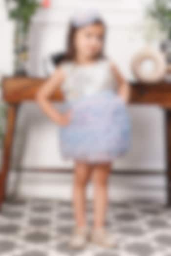 Pink & Blue Satin 3D Floral Embroidered Ruffled Dress For Girls by The Lush Affair at Pernia's Pop Up Shop