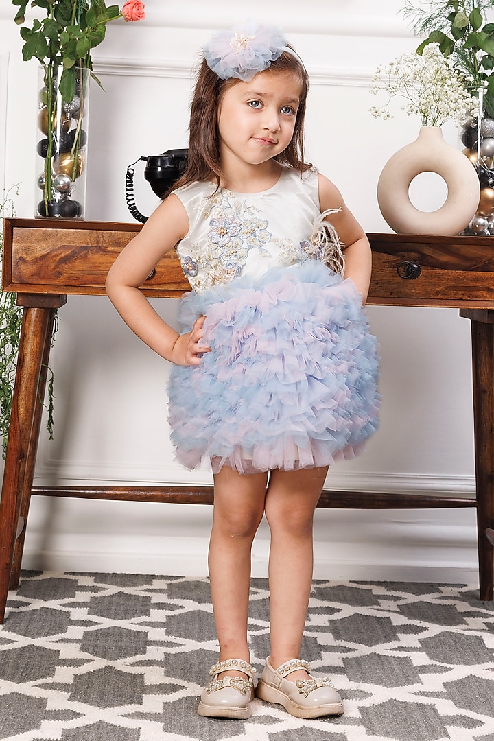 Pink & Blue Satin 3D Floral Embroidered Ruffled Dress For Girls by The Lush Affair at Pernia's Pop Up Shop