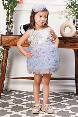 Pink & Blue Satin 3D Floral Embroidered Ruffled Dress For Girls by The Lush Affair