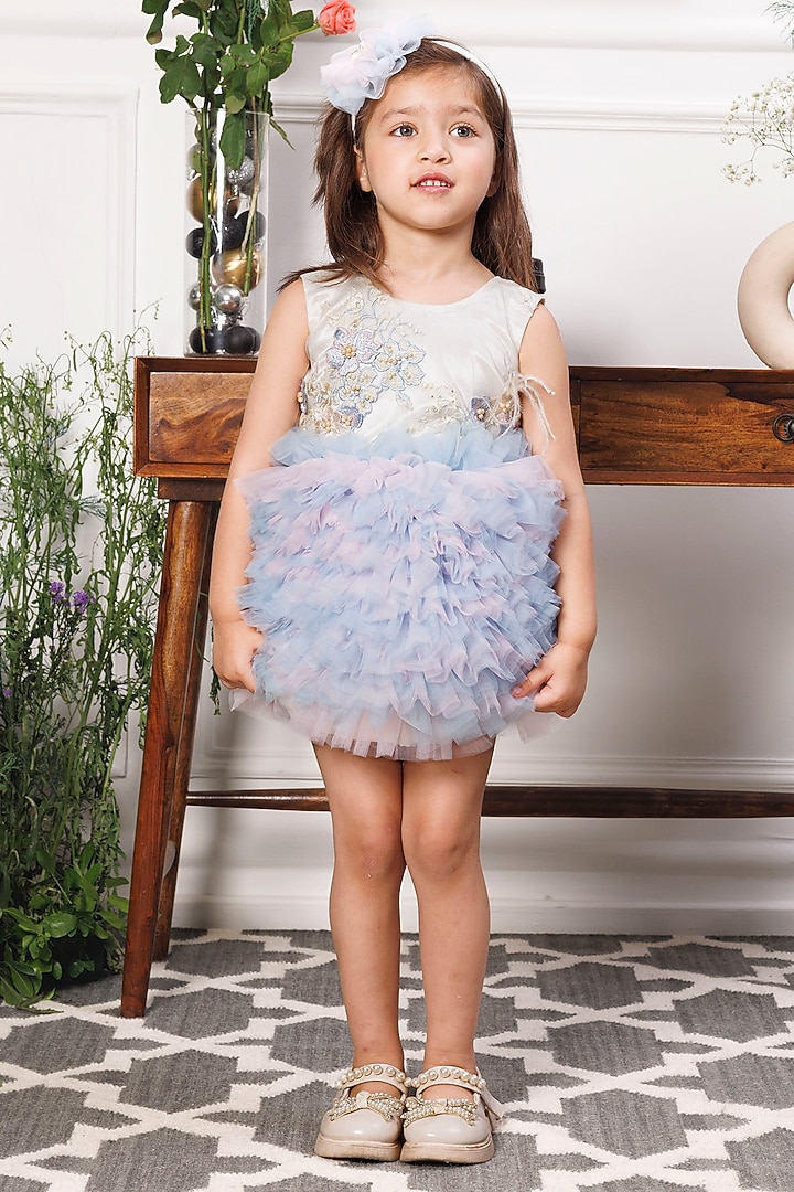 Pink & Blue Satin 3D Floral Embroidered Ruffled Dress For Girls by The Lush Affair at Pernia's Pop Up Shop