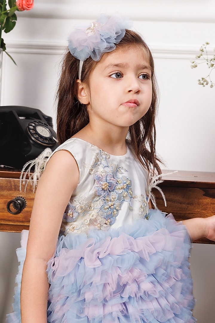 Pink & Blue Satin 3D Floral Embroidered Ruffled Dress For Girls by The Lush Affair at Pernia's Pop Up Shop