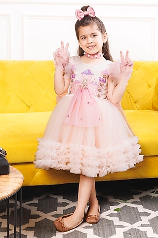Soft Pink Mesh & Satin Hand Embroidered Dress For Girls by The Lush Affair