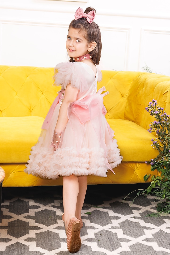 Soft Pink Mesh & Satin Hand Embroidered Dress For Girls by The Lush Affair at Pernia's Pop Up Shop
