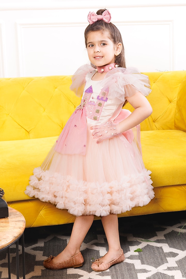 Soft Pink Mesh & Satin Hand Embroidered Dress For Girls by The Lush Affair at Pernia's Pop Up Shop