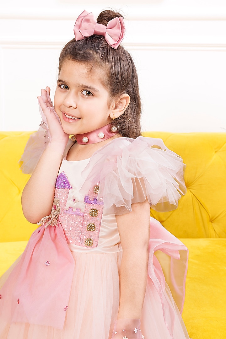 Soft Pink Mesh & Satin Hand Embroidered Dress For Girls by The Lush Affair at Pernia's Pop Up Shop
