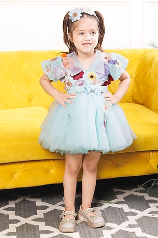Blue Mesh & Satin Floral Embroidered Dress For Girls by The Lush Affair