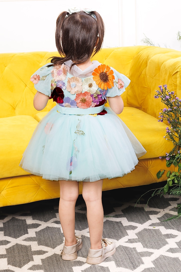 Blue Mesh & Satin Floral Embroidered Dress For Girls by The Lush Affair at Pernia's Pop Up Shop