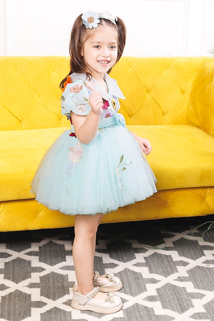 Blue Mesh & Satin Floral Embroidered Dress For Girls by The Lush Affair at  Pernia's Pop Up Shop 2026