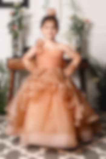Peach Mesh & Satin Floral Embroidered Gown For Girls by The Lush Affair at Pernia's Pop Up Shop