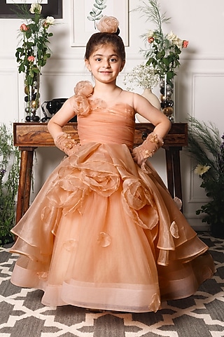 Peach Mesh & Satin Floral Embroidered Gown For Girls by The Lush Affair
