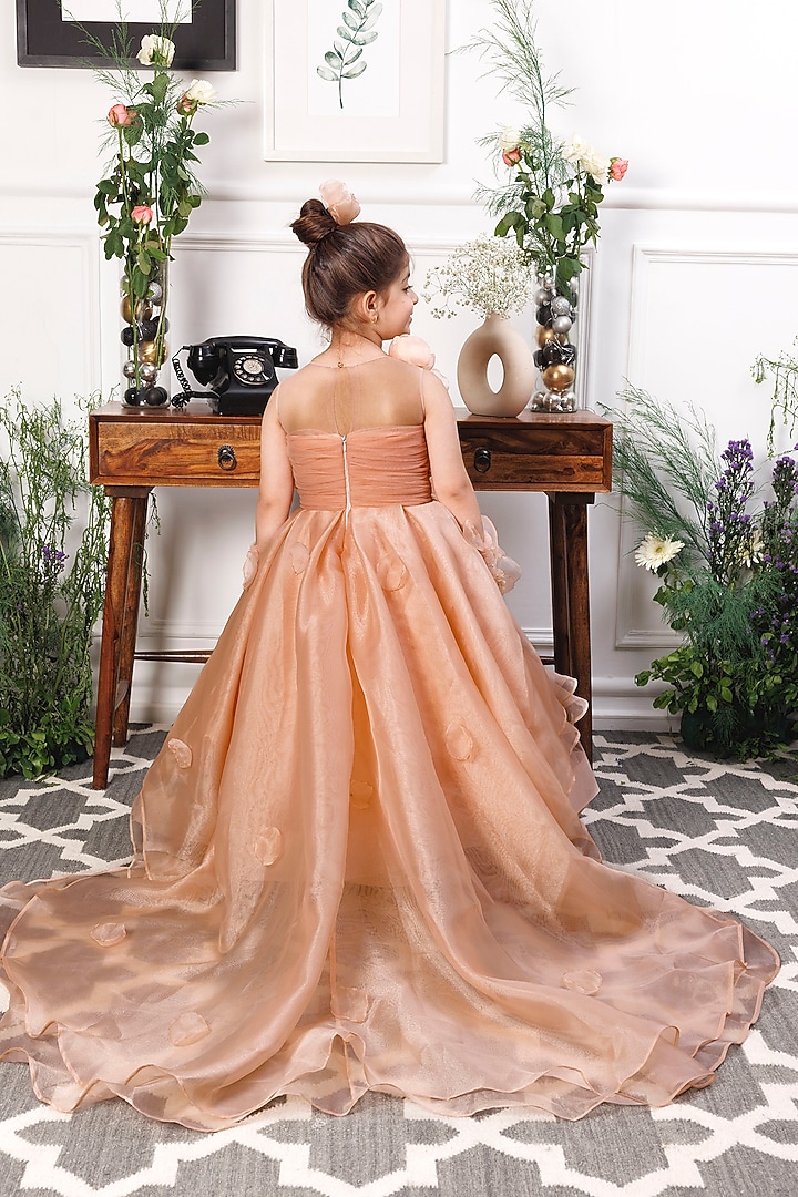 Peach Mesh & Satin Floral Embroidered Gown For Girls by The Lush Affair at Pernia's Pop Up Shop