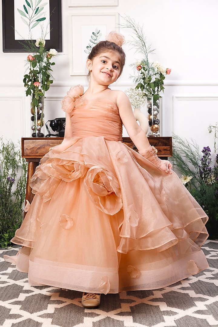 Peach Mesh & Satin Floral Embroidered Gown For Girls by The Lush Affair at Pernia's Pop Up Shop