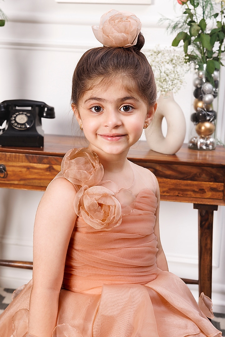 Peach Mesh & Satin Floral Embroidered Gown For Girls by The Lush Affair at Pernia's Pop Up Shop