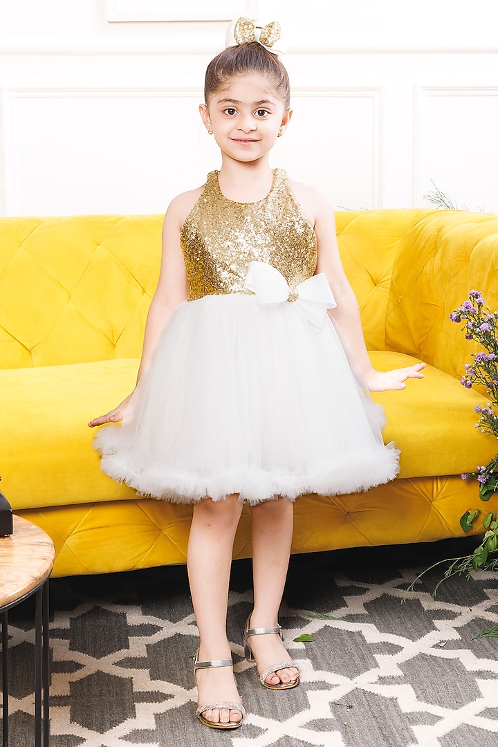 White Cotton & Mesh Sequin Embroidered Dress For Girls by The Lush Affair at Pernia's Pop Up Shop
