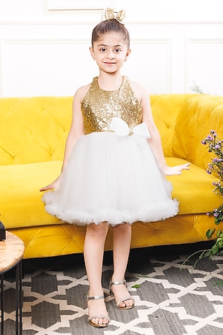 White Cotton & Mesh Sequin Embroidered Dress For Girls by The Lush Affair