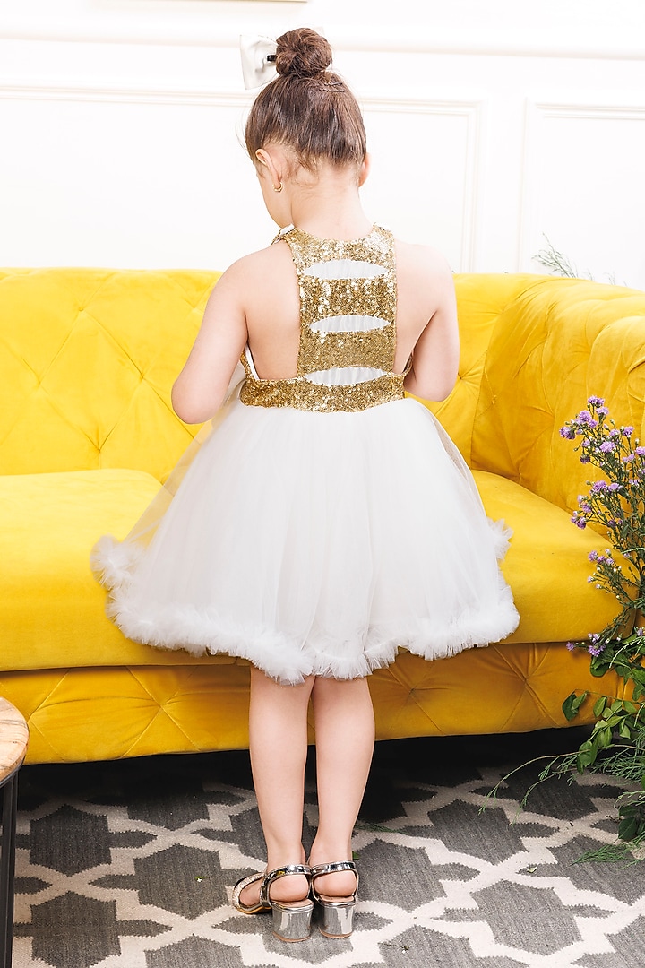 White Cotton & Mesh Sequin Embroidered Dress For Girls by The Lush Affair at Pernia's Pop Up Shop
