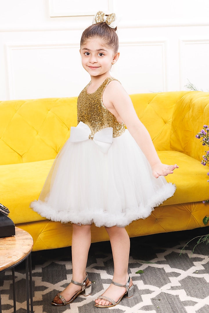 White Cotton & Mesh Sequin Embroidered Dress For Girls by The Lush Affair at Pernia's Pop Up Shop