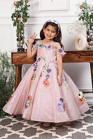 Pink Cotton & Satin Floral Embroidered Dress For Girls by The Lush Affair