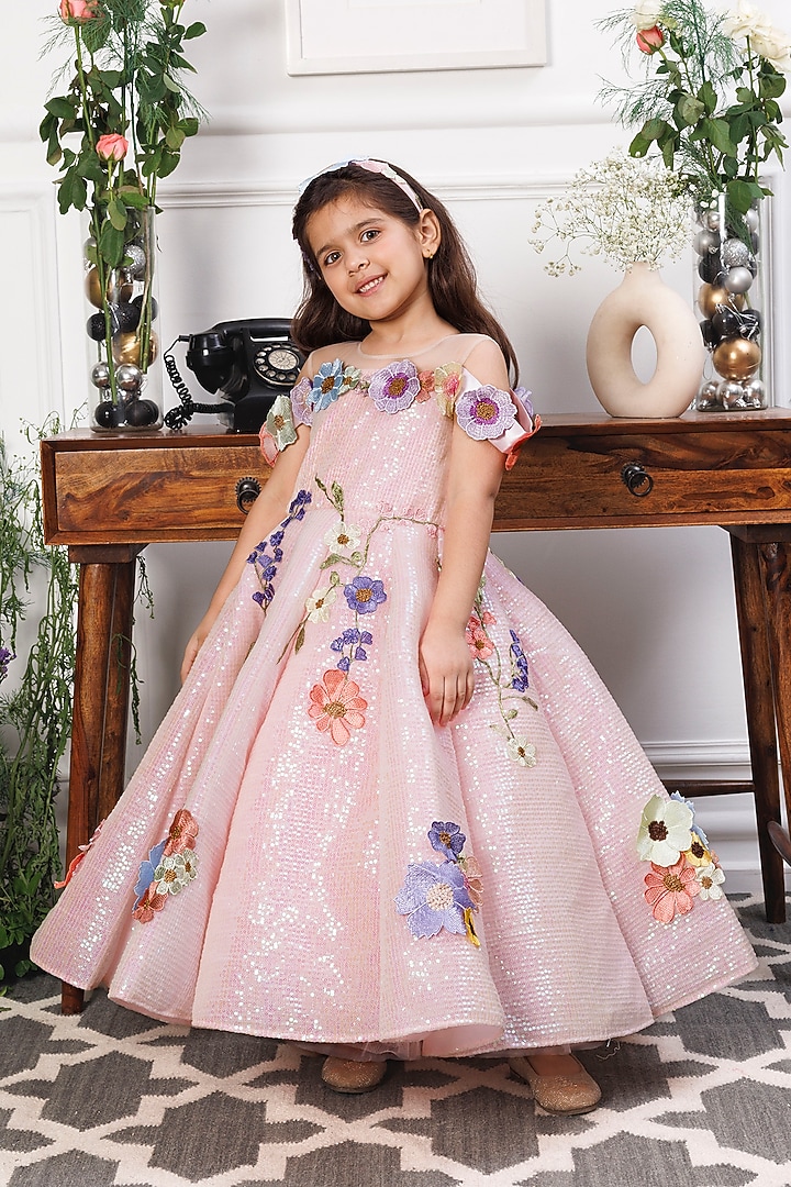 Pink Cotton & Satin Floral Embroidered Dress For Girls by The Lush Affair at Pernia's Pop Up Shop