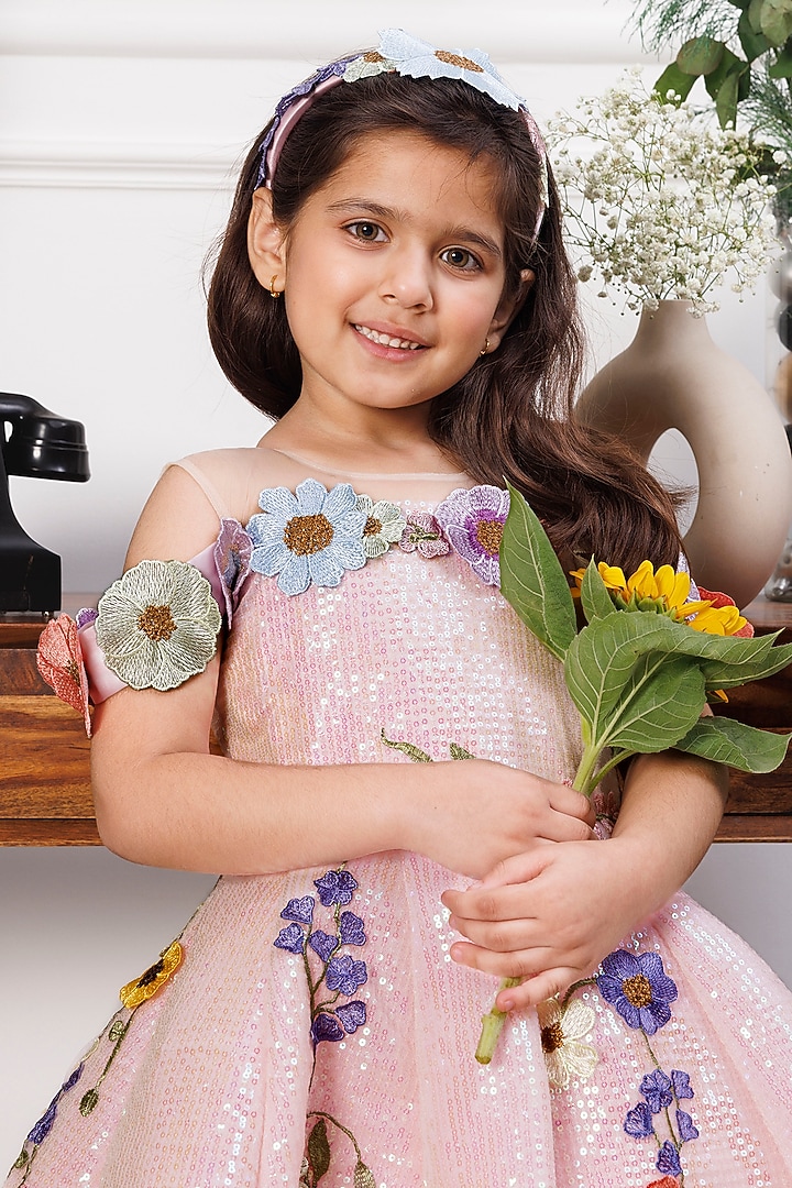 Pink Cotton & Satin Floral Embroidered Dress For Girls by The Lush Affair at Pernia's Pop Up Shop