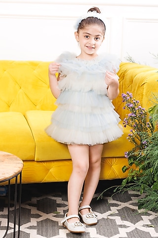 Blue Mesh & Satin Ruffled Dress For Girls by The Lush Affair