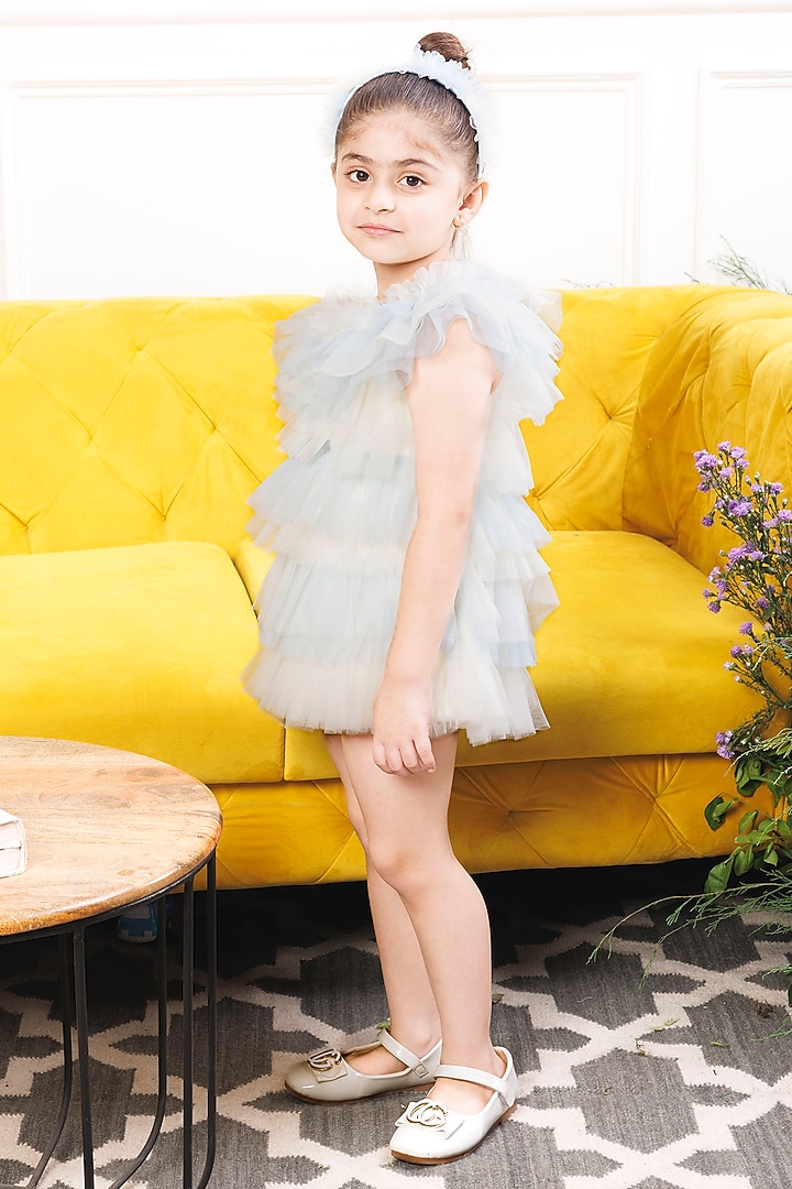 Blue Mesh & Satin Ruffled Dress For Girls by The Lush Affair at Pernia's Pop Up Shop