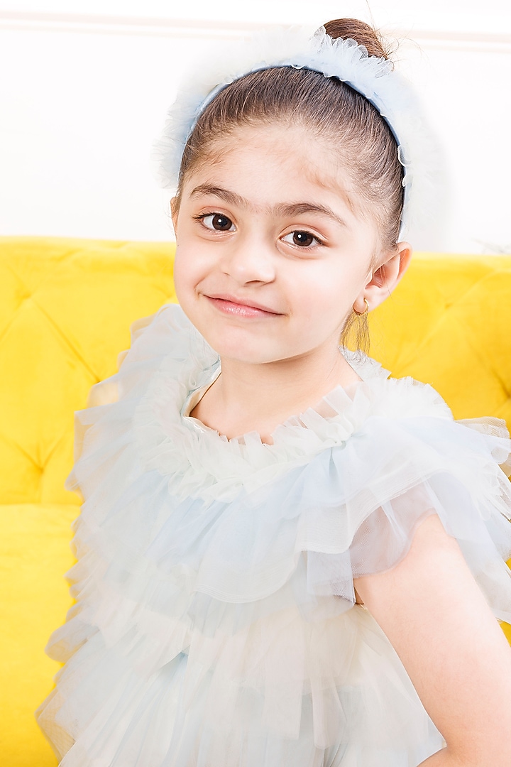 Blue Mesh & Satin Ruffled Dress For Girls by The Lush Affair at Pernia's Pop Up Shop