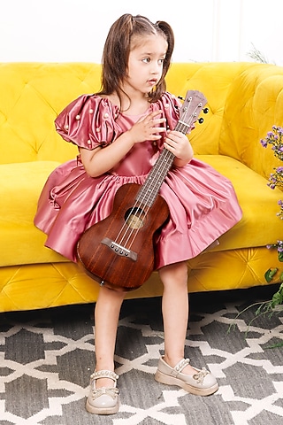 Pink Silk Satin Pearl Embellished Dress For Girls by The Lush Affair