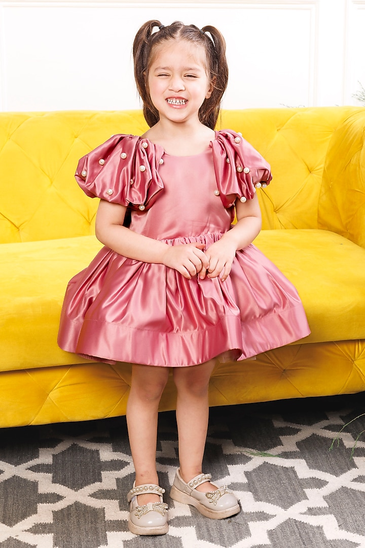 Pink Silk Satin Pearl Embellished Dress For Girls by The Lush Affair at Pernia's Pop Up Shop
