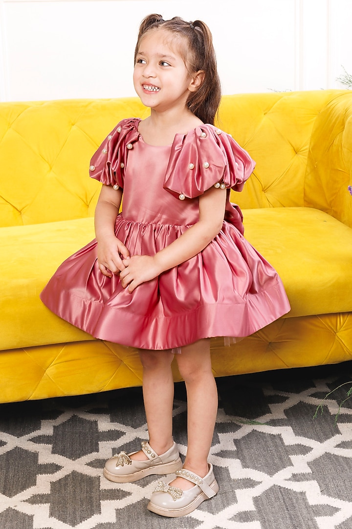 Pink Silk Satin Pearl Embellished Dress For Girls by The Lush Affair at Pernia's Pop Up Shop