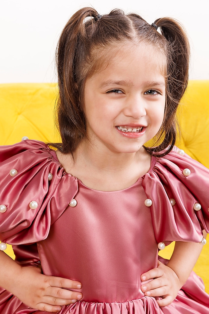 Pink Silk Satin Pearl Embellished Dress For Girls by The Lush Affair at Pernia's Pop Up Shop