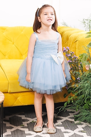 Blue Satin & Tulle Embellished Dress For Girls by The Lush Affair