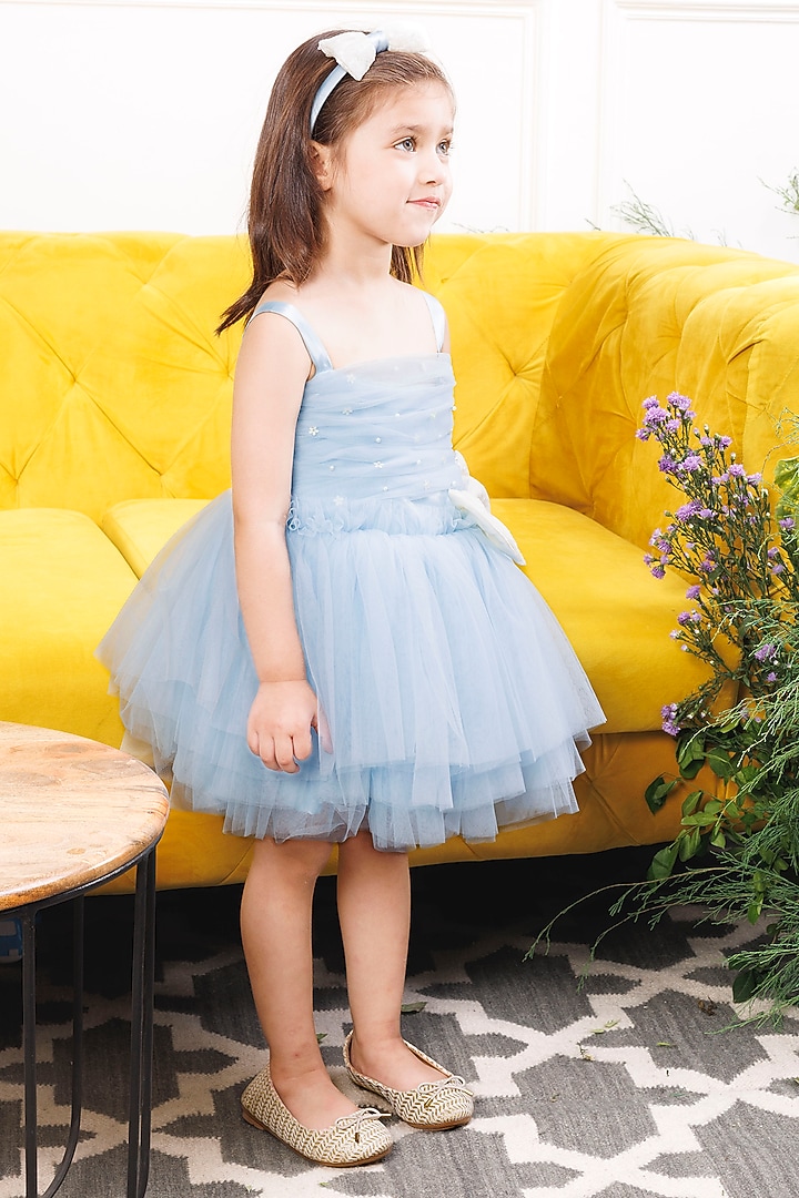 Blue Satin & Tulle Embellished Dress For Girls by The Lush Affair at Pernia's Pop Up Shop