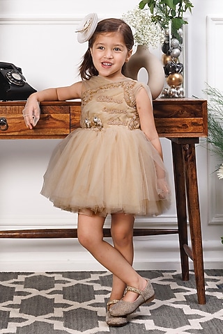 Champagne Satin & Tulle Embellished Dress For Girls by The Lush Affair