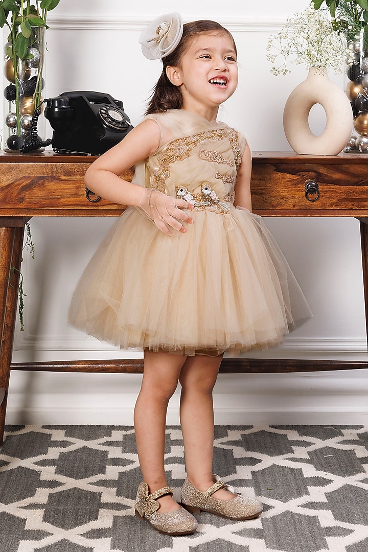 Champagne Satin & Tulle Embellished Dress For Girls by The Lush Affair at Pernia's Pop Up Shop