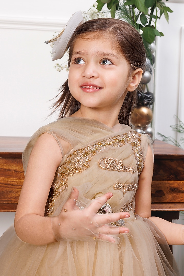 Champagne Satin & Tulle Embellished Dress For Girls by The Lush Affair at Pernia's Pop Up Shop