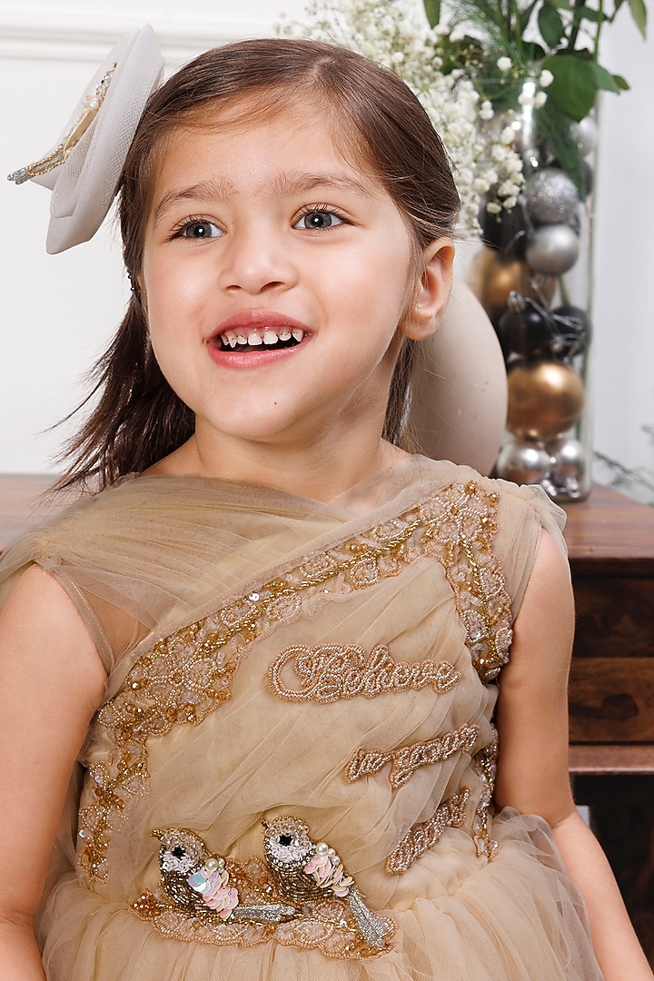 Champagne Satin & Tulle Embellished Dress For Girls by The Lush Affair at Pernia's Pop Up Shop