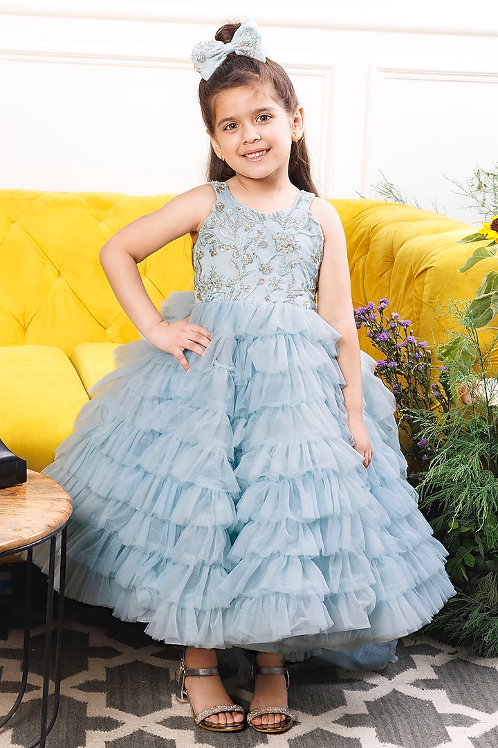 Blue Satin & Tulle Embellished Dress For Girls by The Lush Affair at Pernia's Pop Up Shop