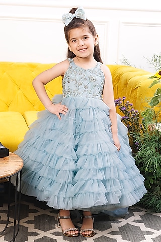 Blue Satin & Tulle Embellished Dress For Girls by The Lush Affair