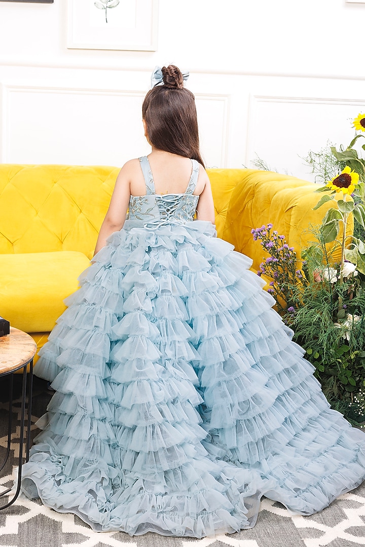 Blue Satin & Tulle Embellished Dress For Girls by The Lush Affair at Pernia's Pop Up Shop
