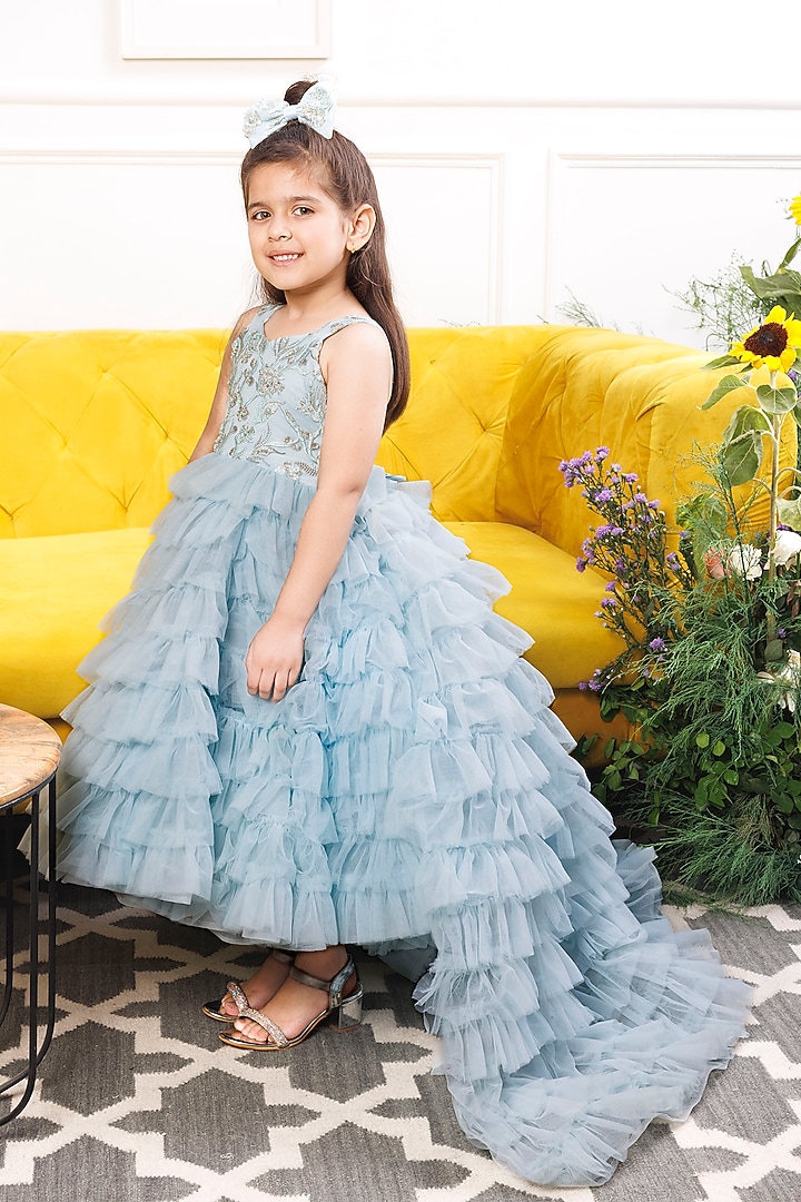 Blue Satin & Tulle Embellished Dress For Girls by The Lush Affair at Pernia's Pop Up Shop