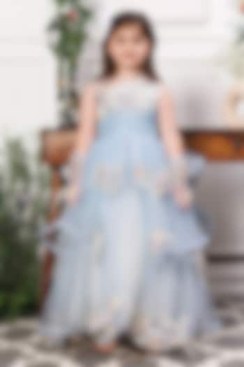 Blue & White Mesh Floral Applique Layered Gown For Girls by The Lush Affair at Pernia's Pop Up Shop