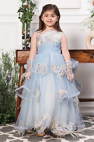 Blue & White Mesh Floral Applique Layered Gown For Girls by The Lush Affair