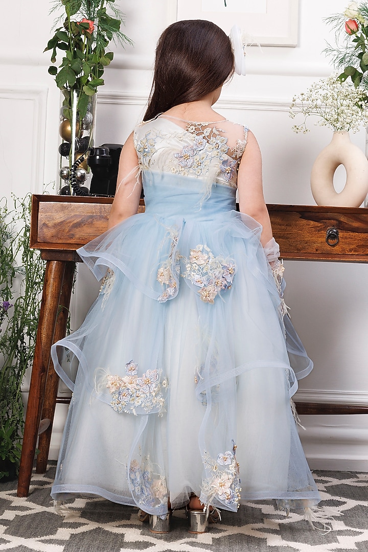 Blue & White Mesh Floral Applique Layered Gown For Girls by The Lush Affair at Pernia's Pop Up Shop