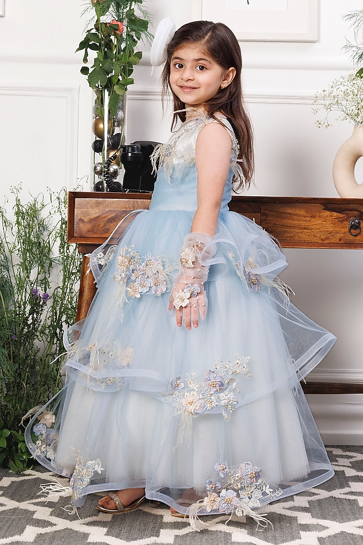 Blue & White Mesh Floral Applique Layered Gown For Girls by The Lush Affair at Pernia's Pop Up Shop