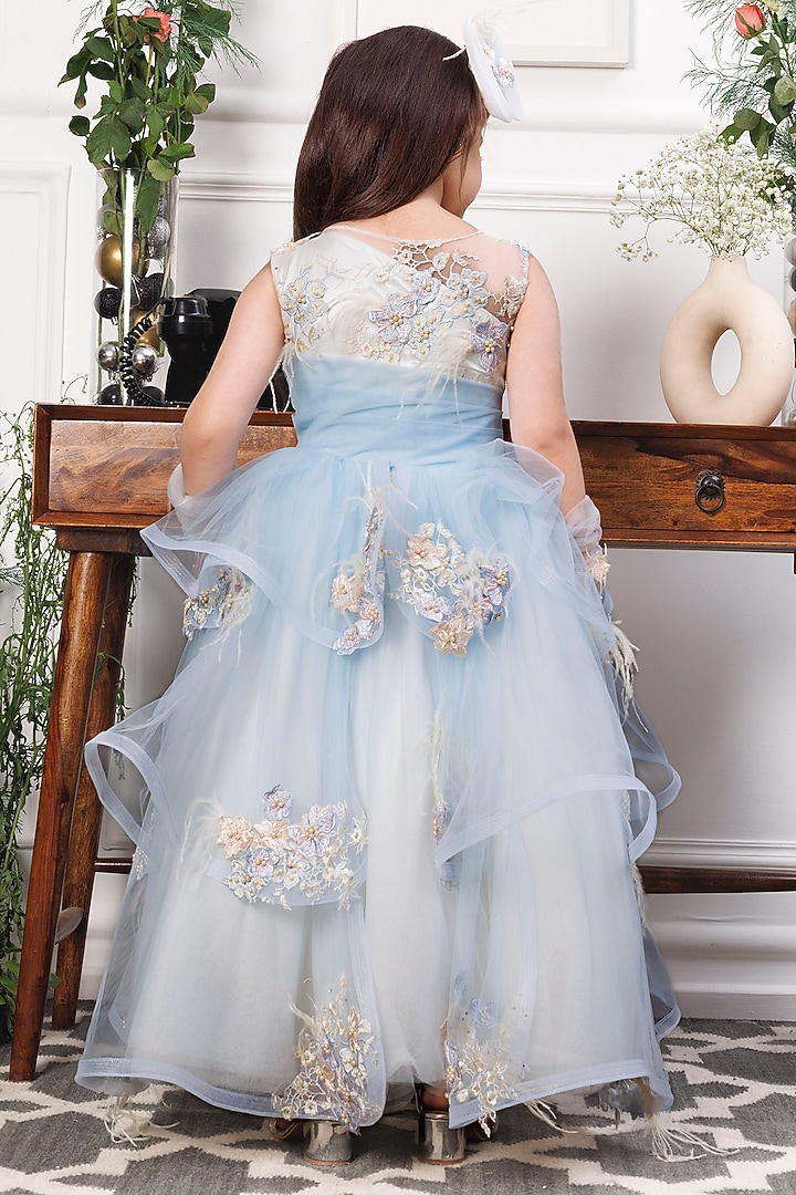 Blue & White Mesh Floral Applique Layered Gown For Girls by The Lush Affair at Pernia's Pop Up Shop
