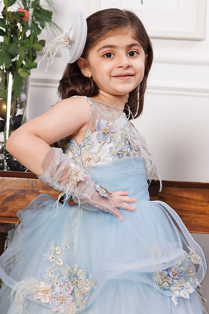 Blue & White Mesh Floral Applique Layered Gown For Girls by The Lush Affair at Pernia's Pop Up Shop