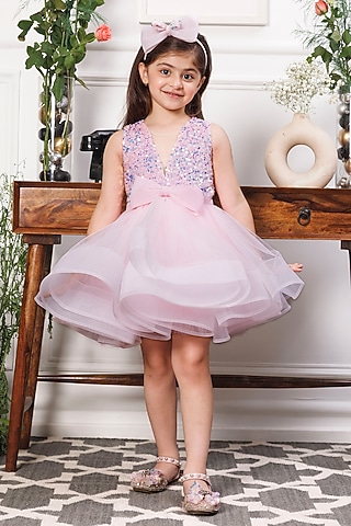 Pink Satin & Mesh Embellished Fluffy Dress For Girls by The Lush Affair