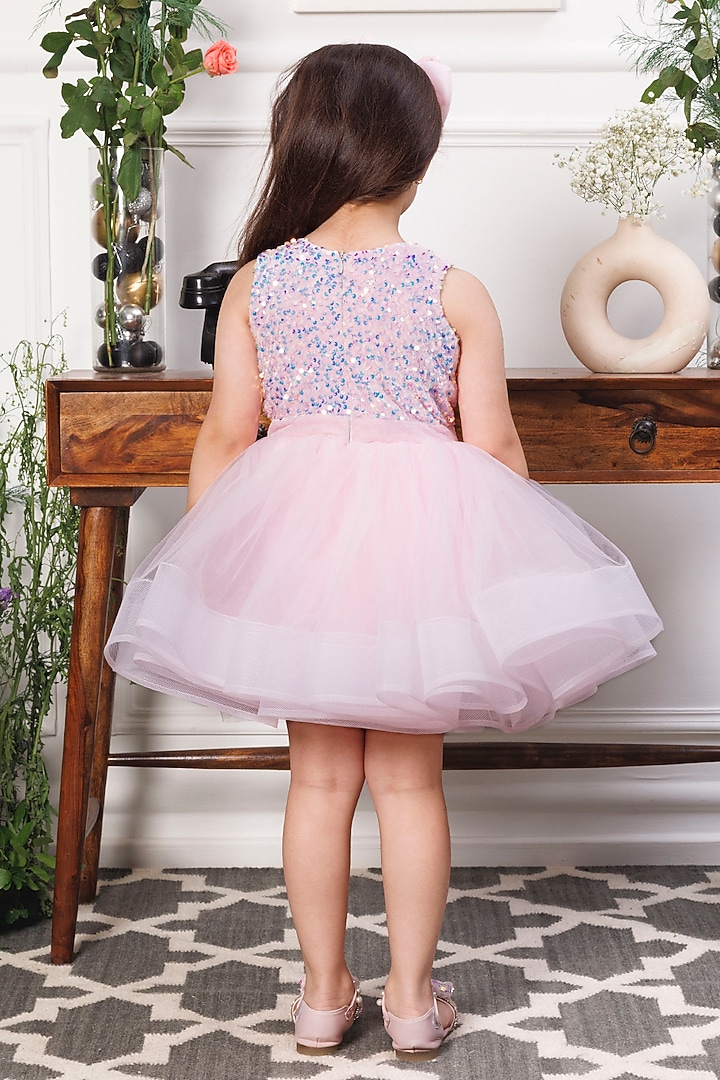 Pink Satin & Mesh Embellished Fluffy Dress For Girls by The Lush Affair at Pernia's Pop Up Shop